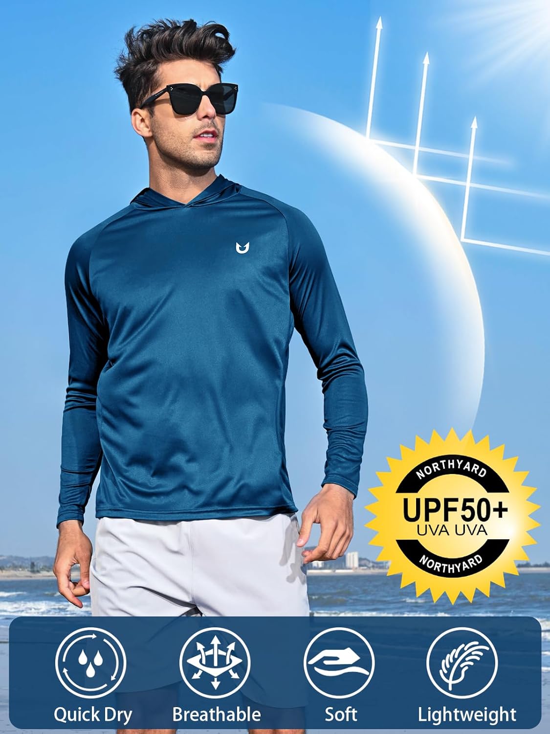NORTHYARD Men's UPF 50+ Hoodie Shirts Long Sleeve Sun Protection Fishing Swim Beach UV SPF Rash Guard Quick Dry Lightweight - Image 3