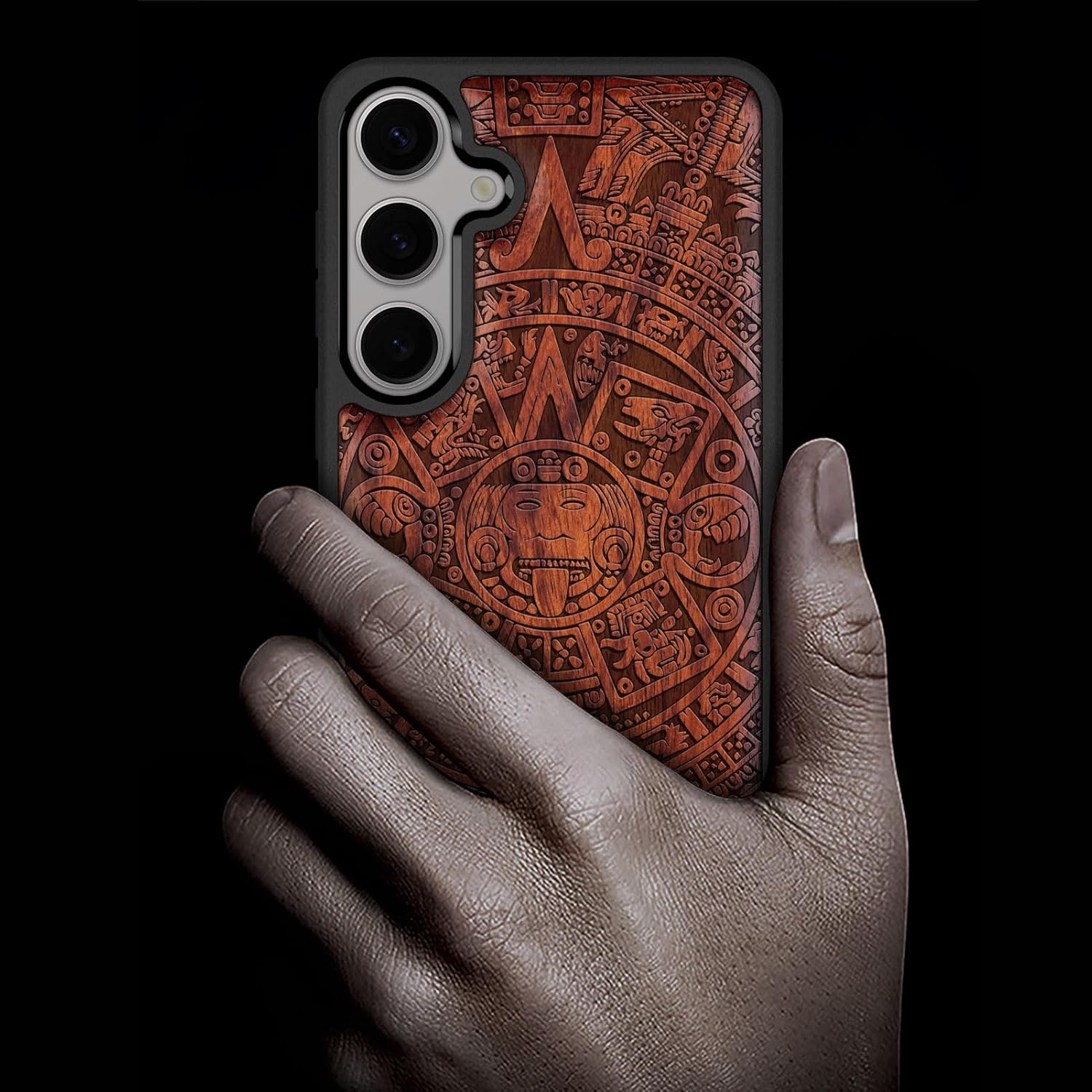 Carveit Wood Case for Galaxy S25 Case 2025 [Natural Wood & Black Soft TPU] Shockproof Protective Cover Unique Wooden Design Compatible with Samsung S25 (The Maya Calendar-Rosy)