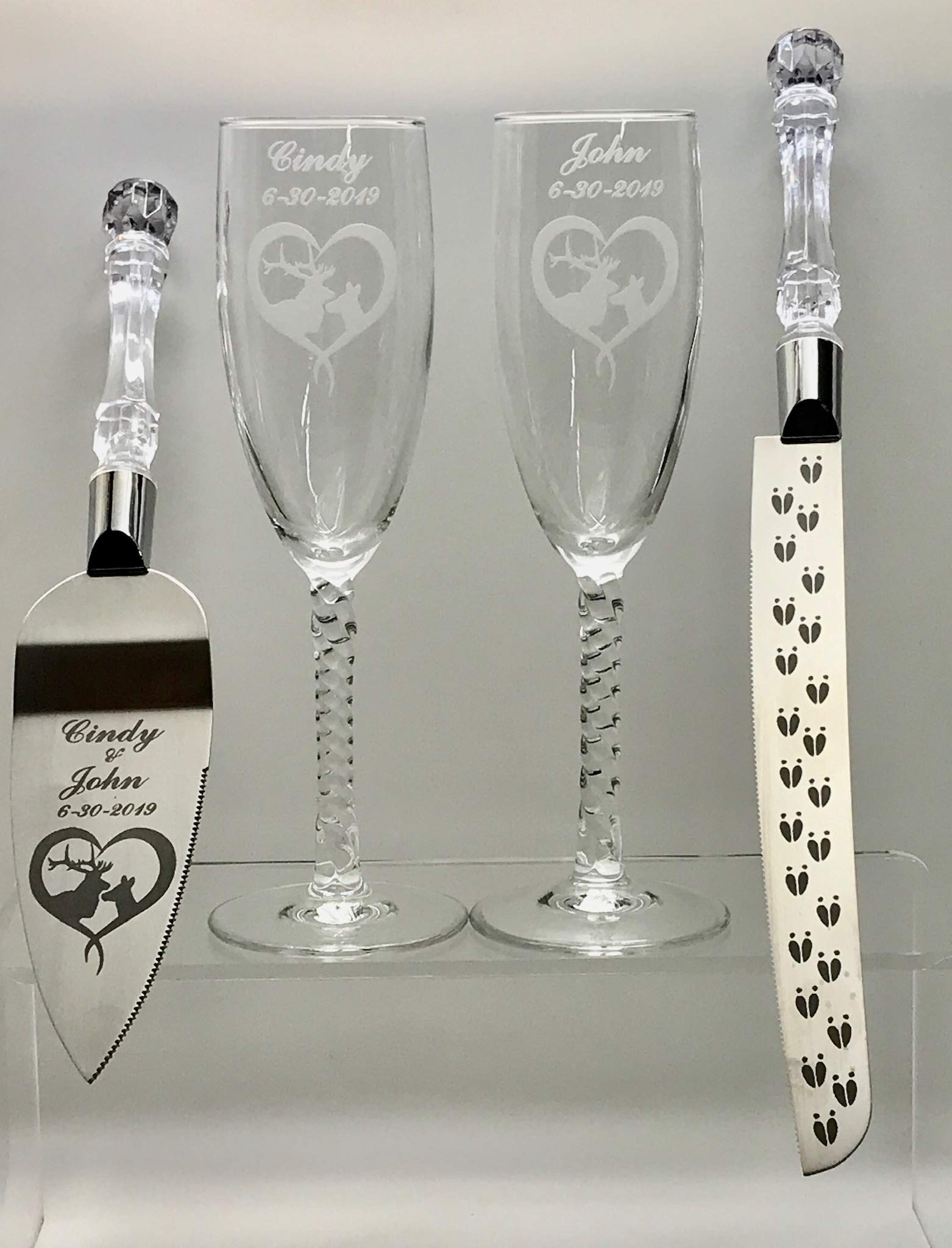 Elk Couple Heart Engraved Wedding Cake Knife Set & Champagne glasses with Names and Date Buy