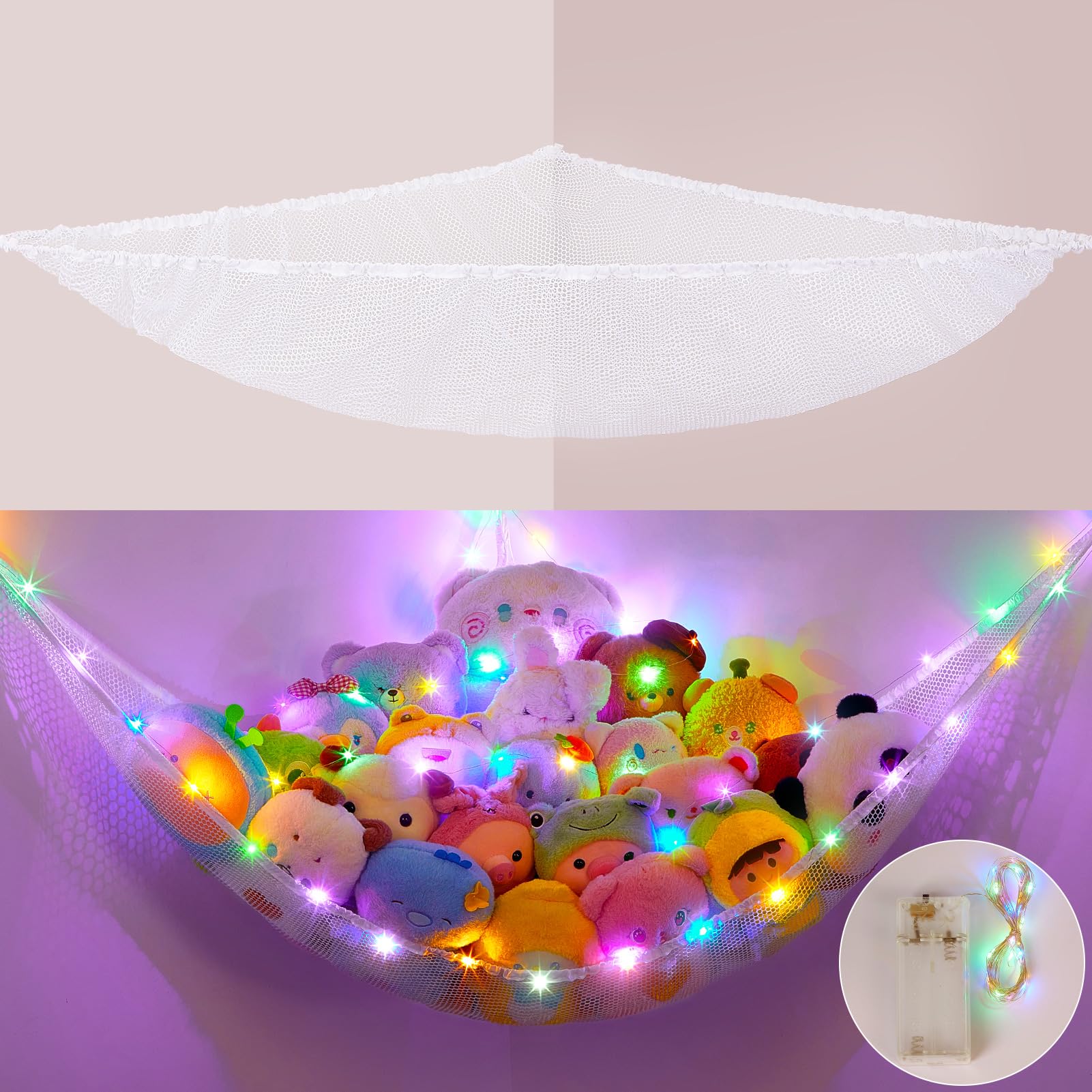 SheSeek Stuffed Animals Hammock Corner with LED Light Kids Stuffed Animals Storage Home Room Bedroom Decor for Nursery Kids Teen Girls Toy Storage Organizer, White