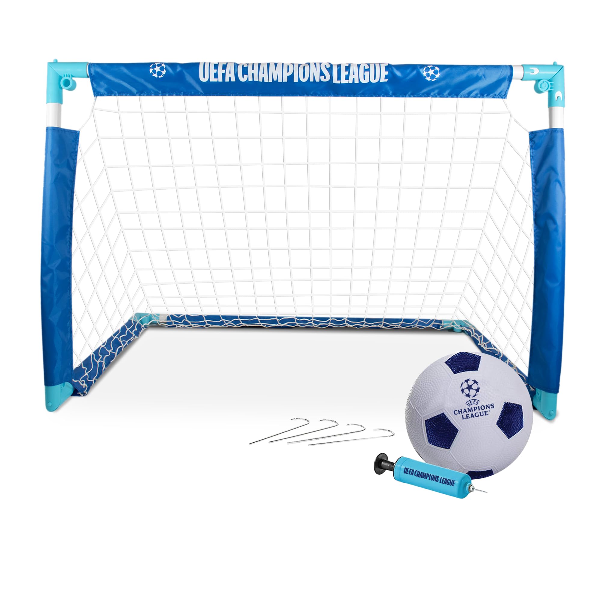 Hy-Pro Officially Licensed UEFA Champions League Portable Goal Set – 3ft x 2ft Pop Up Football Goal with Ball, Pump & Pegs for Garden Play – Foldable Design in Official Colours