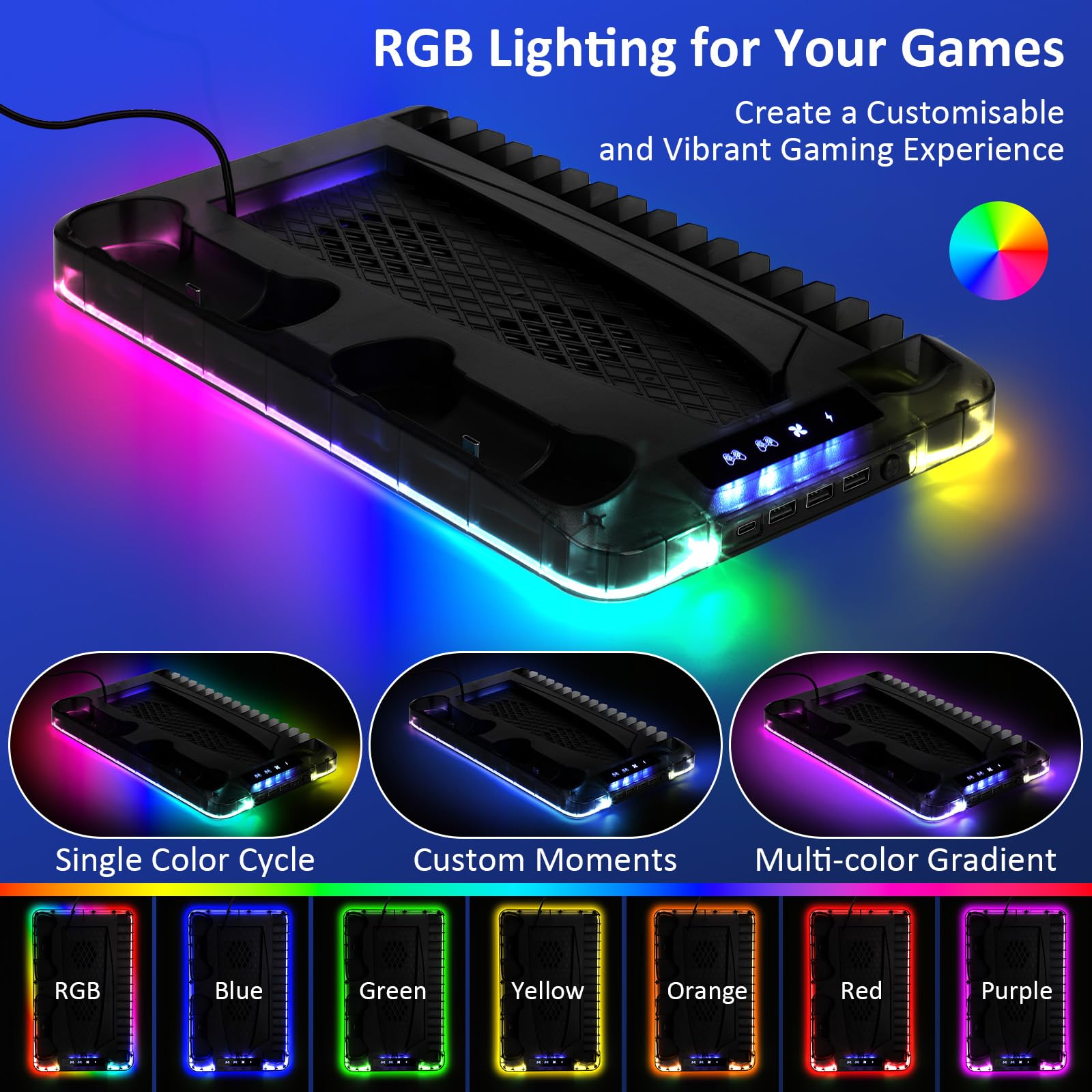 Supporto PS5/PS5 Slim/PS5 Pro con Ventola & Luce RGB, Trasparente PS5 Stazione di Raffreddamento Supporto di Ricarica con Controller Ricarica Stazione di ricarica per PS5/Slim/Pro Disco &Digital