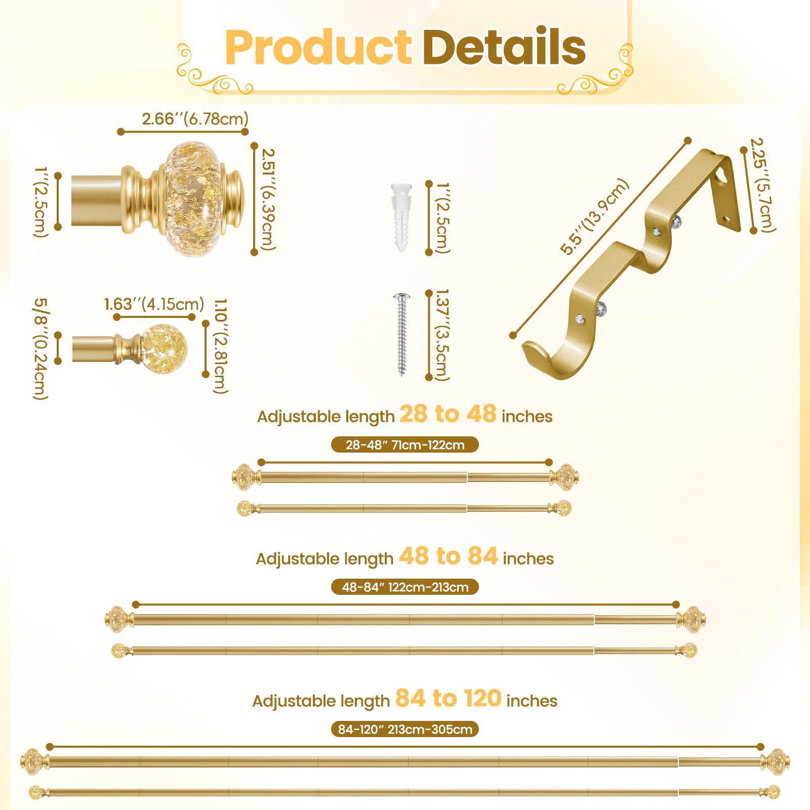 Bastone per tende doppio da 2,5 cm, con fermatende, lunghezza regolabile con terminali traslucidi, asta di sospensione per finestra di casa, soggiorno e camera da letto (oro, 123-212 cm)