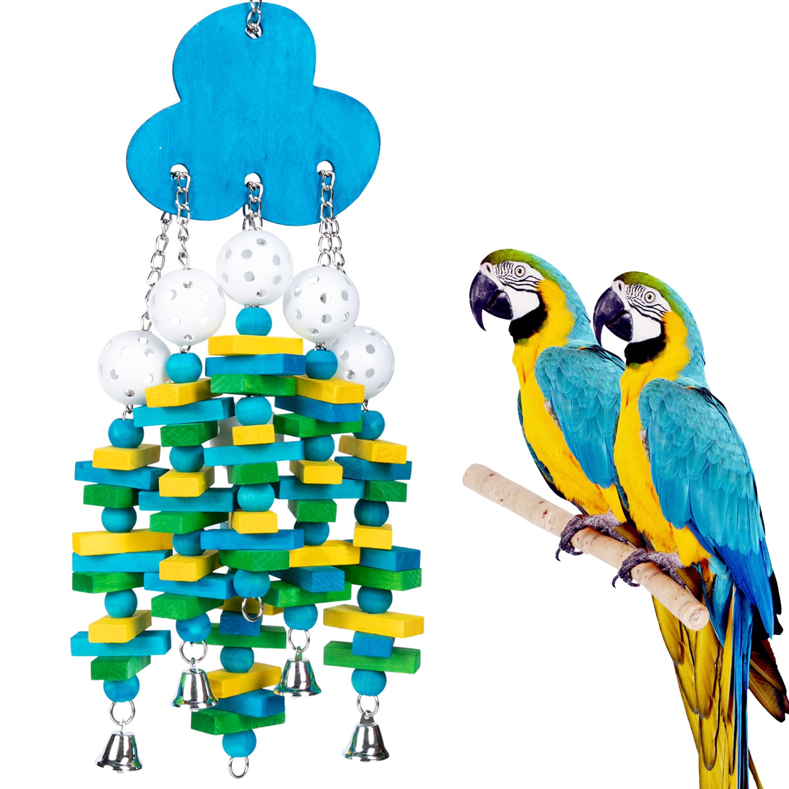Parrot Toys for Large Birds, Parrots Chew Toy Gift with Colorful Wood Blocks and Bells for Macaws African Grey and Amazon Parrots (Blueberry Style)