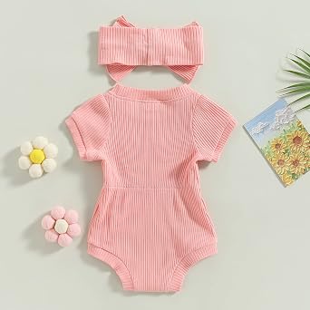 Baby Girls Romper Outfts Solid Color Ribbed Short Sleeve Jumpsuit with Bow Headband Summer Clothes