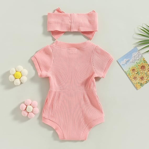 Baby Girls Romper Outfts Solid Color Ribbed Short Sleeve Jumpsuit with Bow Headband Summer Clothes