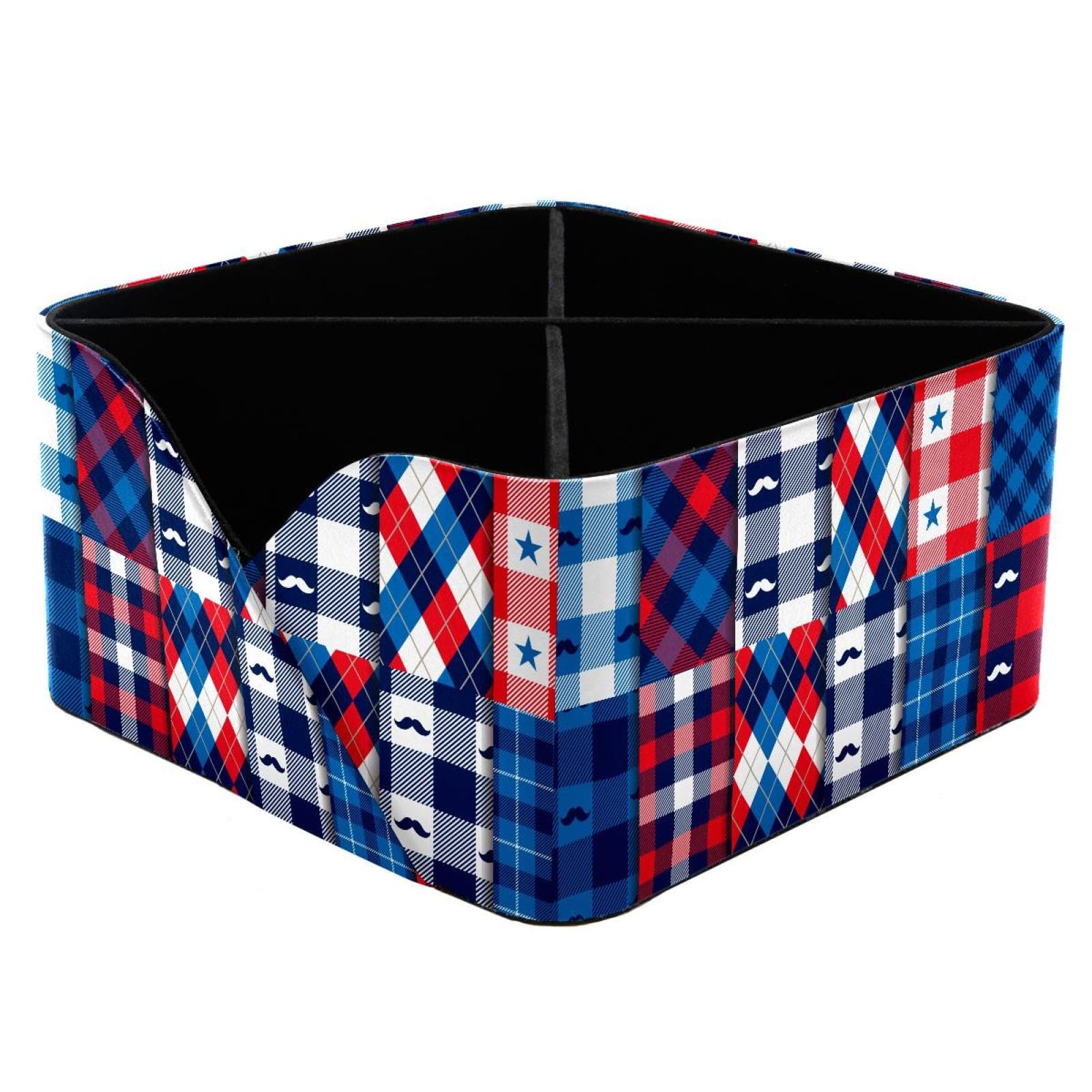 KengjuTesu American Hipster Mustache Tartan Plaid Desktop Organizer Pen Holder, Rectangular Pencil Cup for Office, Study and Makeup Stations