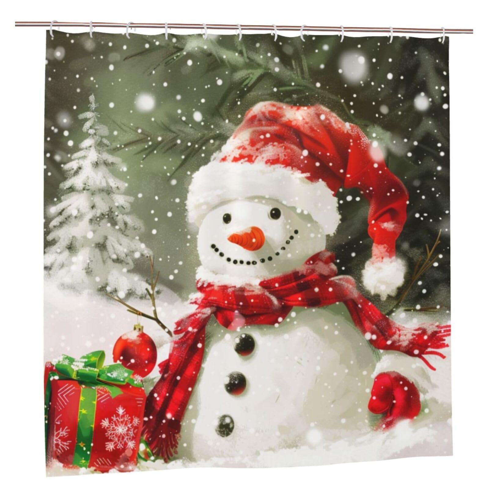 BWWHCCTI Merry Christmas With Happy Snowman Printed Shower Curtain With 12 Plastic Hooks Opaque Quick Drying Waterproof Shower Curtains Sets For Bathroom 183x183 CM