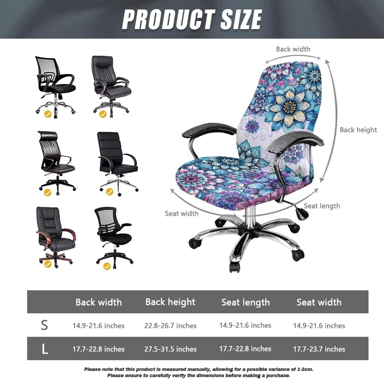 Boho Mandala Flower Pattern Office Chair Cover, Removable Office Chair Seat Covers Breathable Rotating Chair Slipcovers Water Resistant High Back Computer Chair Cover-S