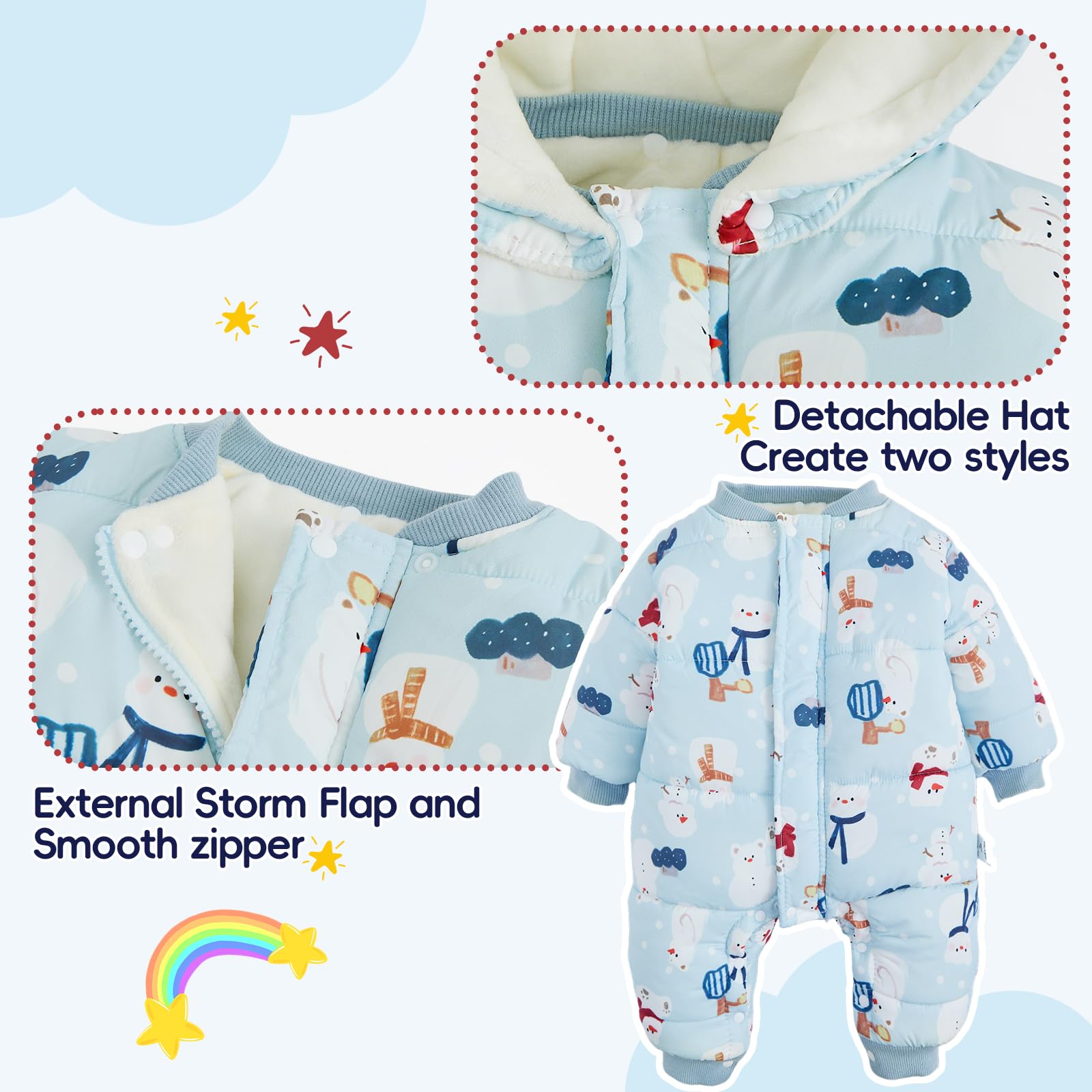 JiAmy Combinaison de neige pour bébé fille et garçon - Combinaison d'hiver avec capuche - Manches longues - Imprimé mignon - Pour 3 à 24 mois