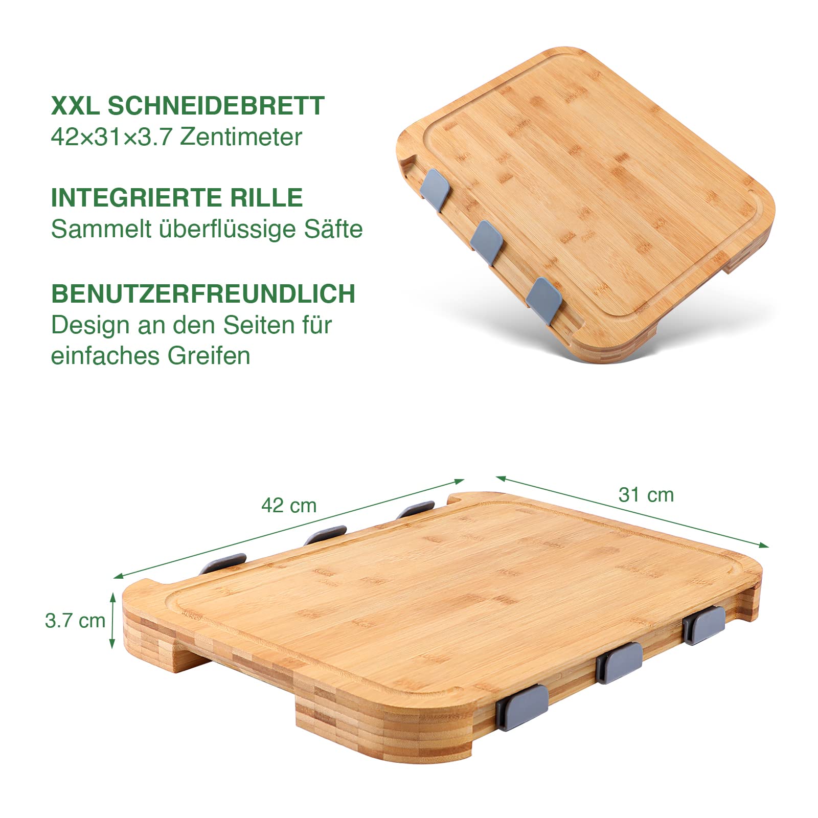 WELTRXE Schneidebrett Holz mit 5 Edelstahlbehälter, 42 x 31 x 3,7 cm Bambus Schneidebrett Set XXL Groß mit 1 Handyhalterung,Küchenutensilien Küchenhelfer Schneidebretter