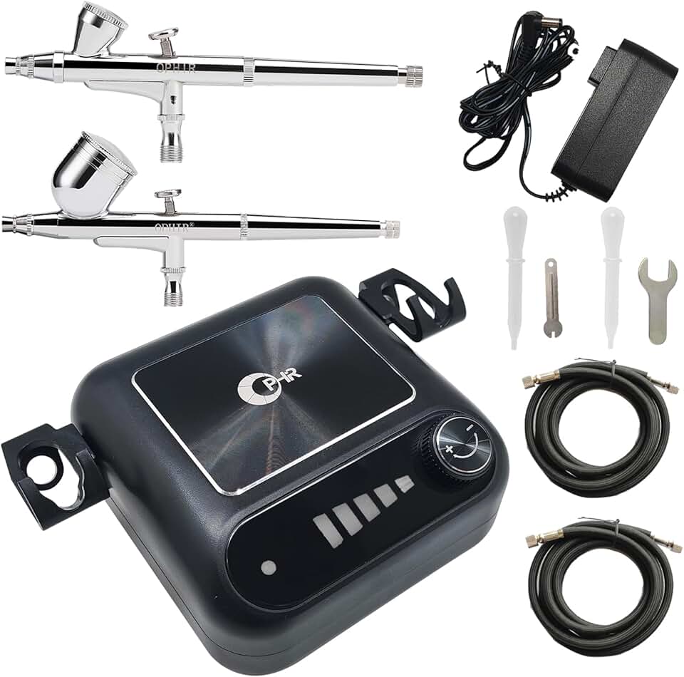 OPHIR Kit de aerógrafo, kit de escova de ar com compressor de ar, compressor de aerógrafo com 2 suportes de aerógrafo, 2 mangueira de ar de 1,8 m, 2 aerógrafo para modelo, pintura de unhas, 5 modos