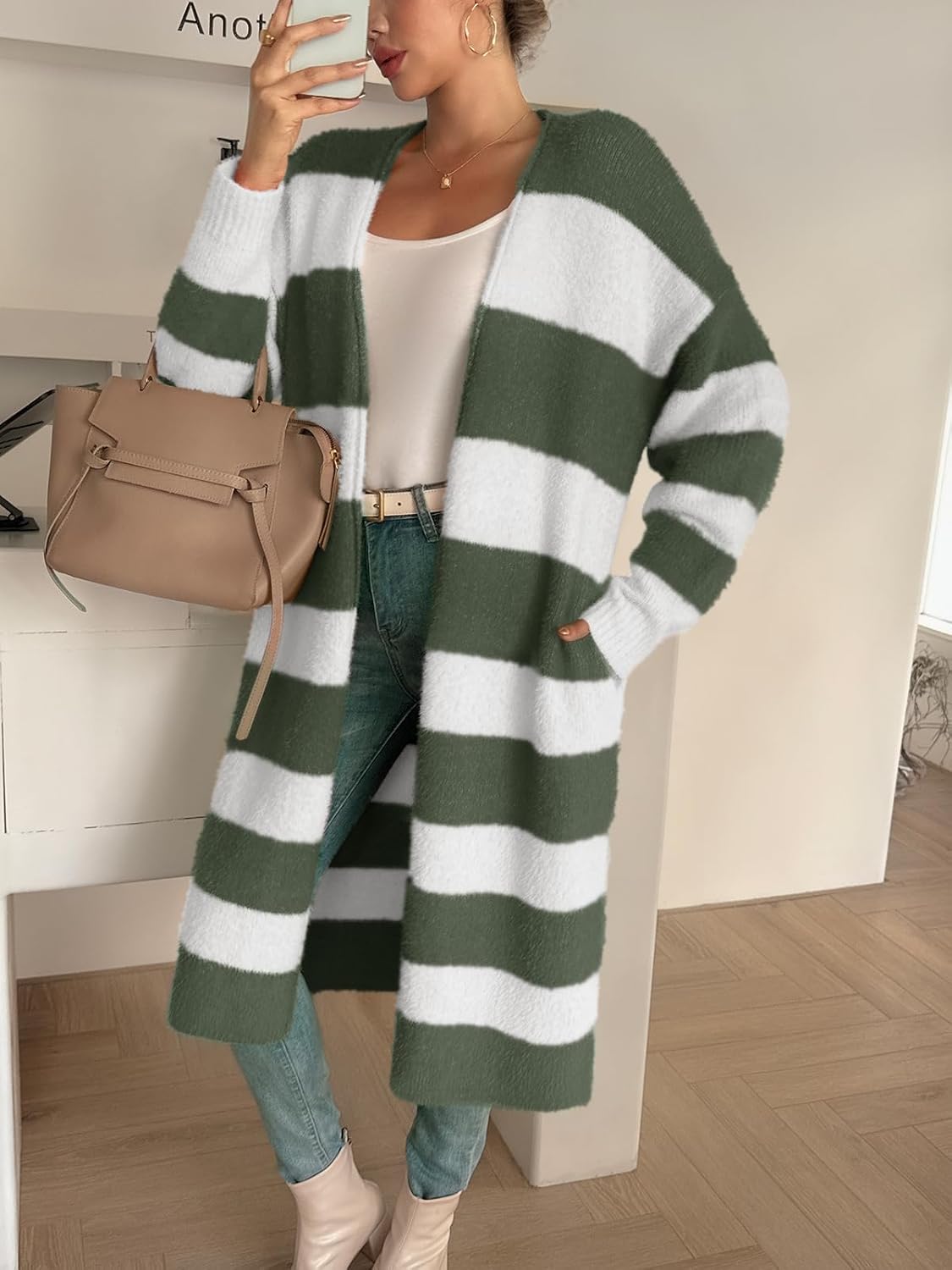 Saodimallsu Womens Striped Long Cardigan Sweaters Open Front Oversized Chunky Fuzzy Knit Fall Duster Sweater Coats - Image 3