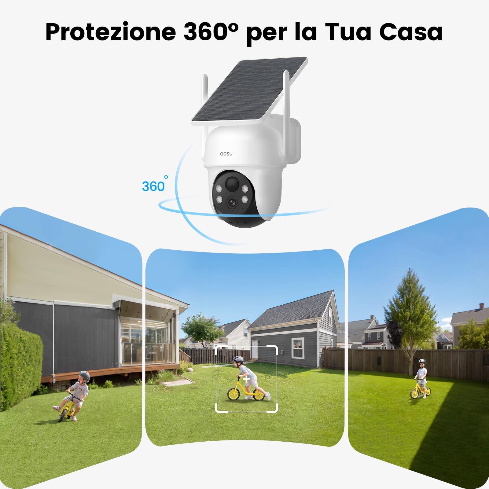 aosu 3K Telecamera WiFi Esterno Senza Fili, Kit 6 Telecamere y aosuBase 2.0 | Senza Abbonamento Richiesto, Archiviazione Locale Espandibile, 360° PTZ Tracciamento Auto AI Persona/Veicolo, Notte a Colori