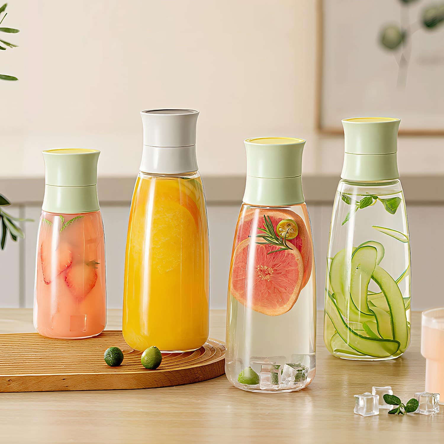 Glass Juice Bottles with Sealing Lids, 4 Pack Reusable Clear Glass Carafe, 34 oz Glass Jars for Juicing, Refrigerator, Smoothies, Infused Water, Beverage Storage. (Green)