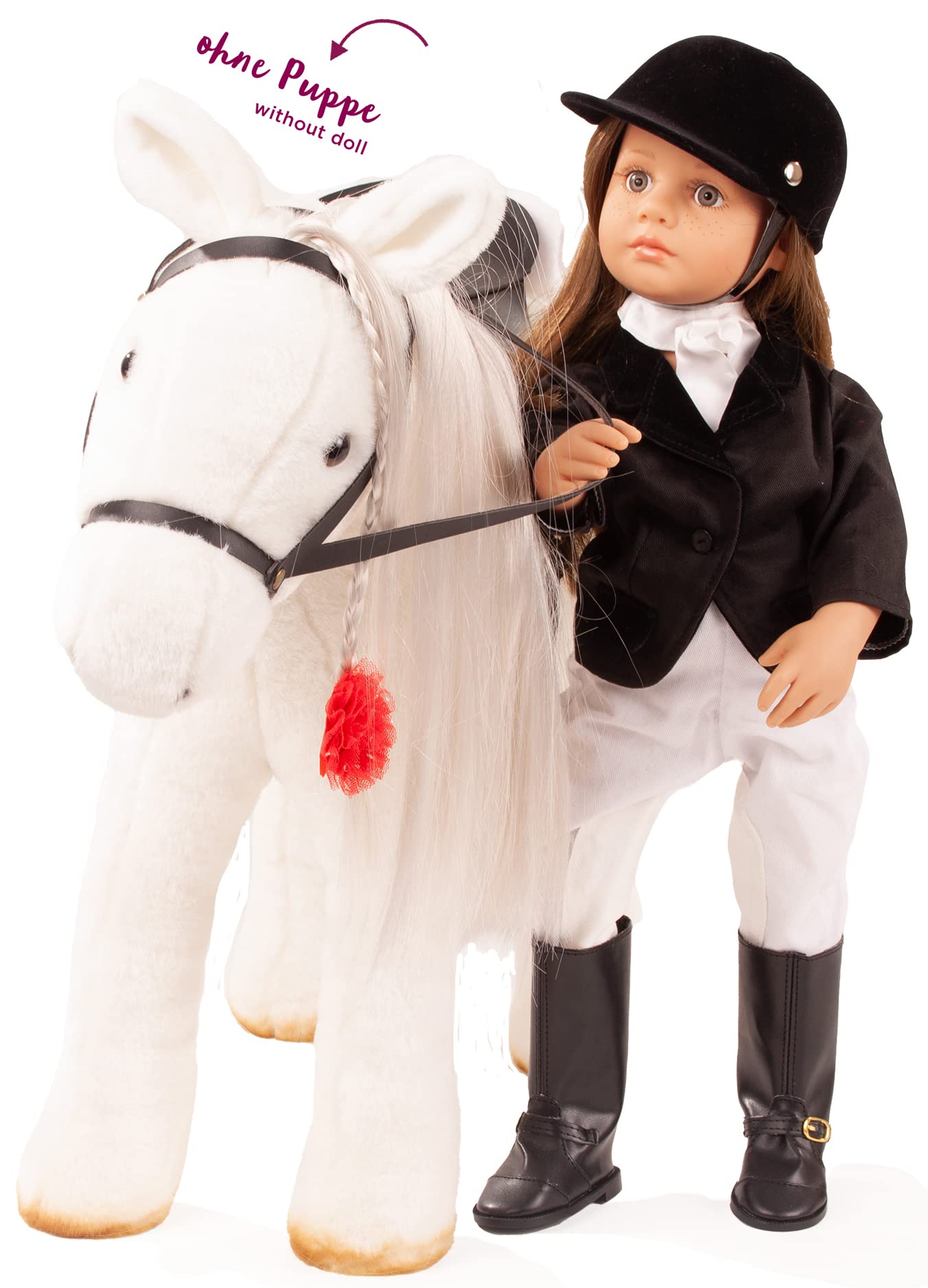 Götz 3403087 Lipizzaner Kämmpferd (Stockmaß 37 cm) – weißes Plüschpferd, Höhe ca. 52 cm für Stehpuppen – mit Sattel, Zaumzeug und Picknickdecke