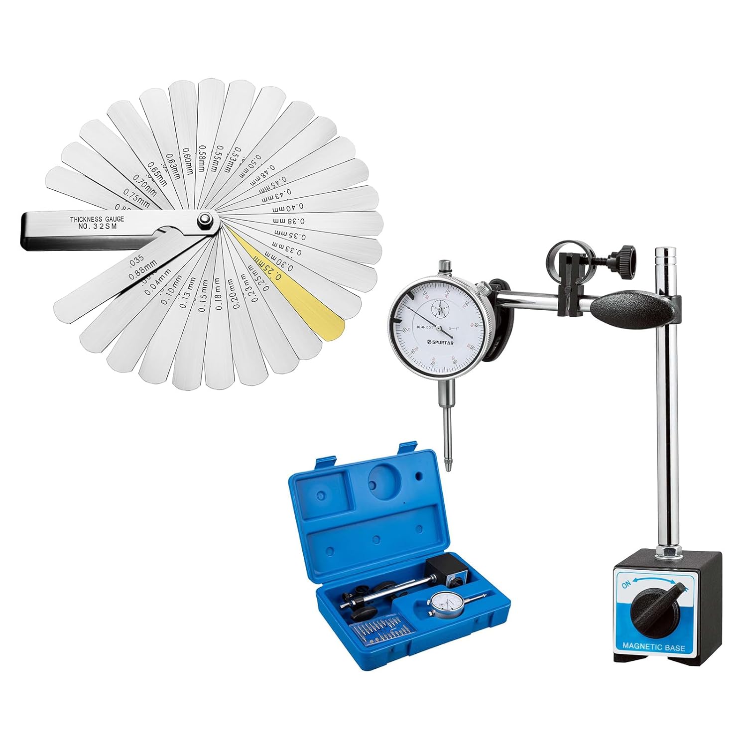 Spurtar 32 Blades Feeler Gauges 0.0015-0.035'' + Dial Indicator with Magnetic Base 0-1''