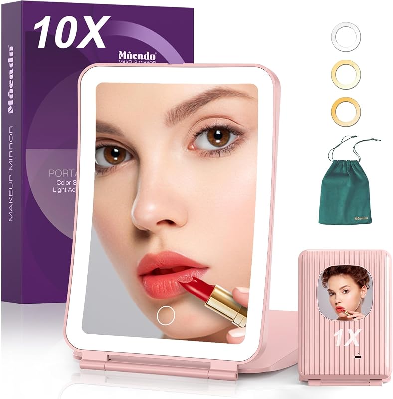Espelho de maquiagem Mocado com aumento 10x/1x e iluminação, rosa