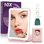 Mocado Travel Makeup Mirror with Light, 1x/10x Magnifying Mirror with Light, 3 Colors Lighted Magnifying Mirror, 2000mAh Rechargeable Lighted Makeup Mirror, Dimmable Touch, Memory Function (Pink)
