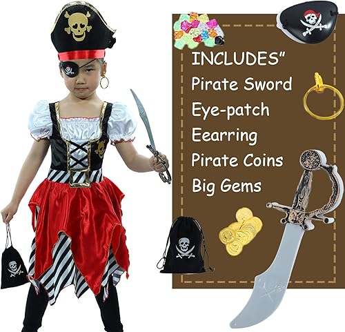 Miniatura 7 de Toddlers Pirate Costume Girls, Buccaneer Princess Costume Kids, Cruise Pirate Night Outfits for Girls 3-10 Years