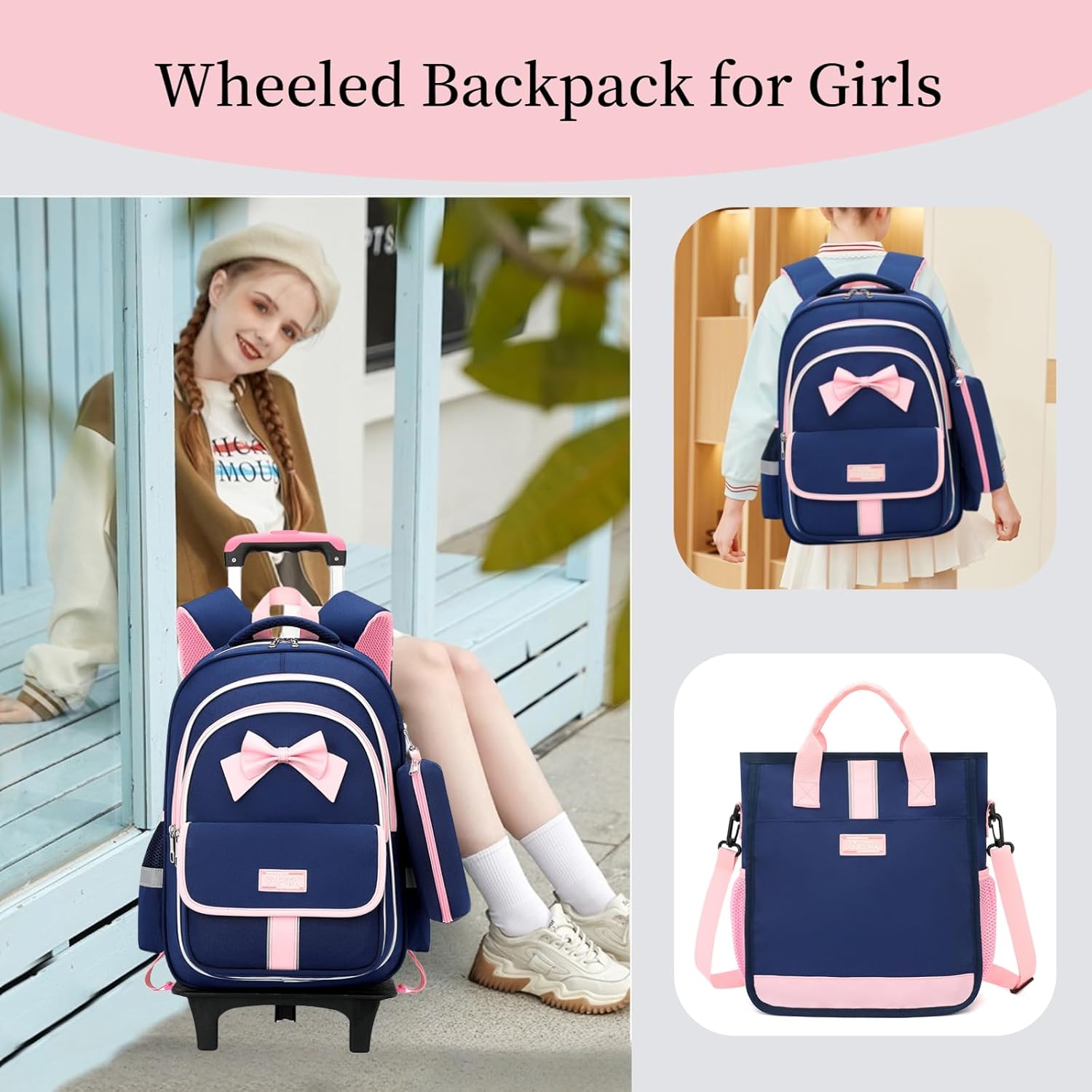MITOWERMI Rolling Backpack for Girls 3Pcs Elementary School Bag Cute Bowknot Backpack with Wheels Girls Bookbags with Handbag Trolley Bags Kids Carry-On Luggage
