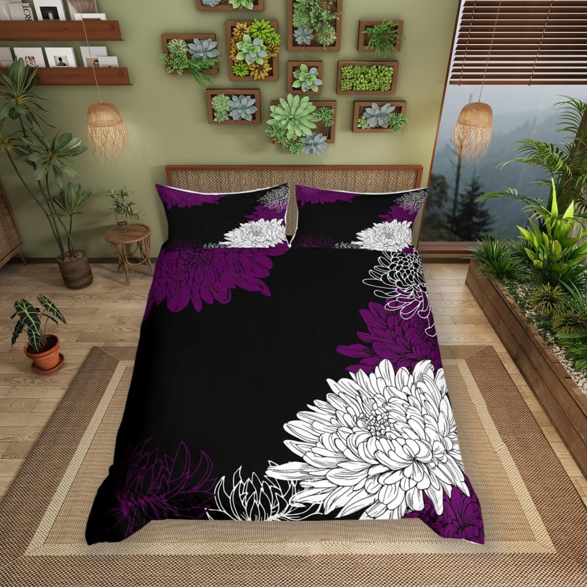 Abstract Flowers Duvet Cover,Kids Purple Black Floral Bedding Set,Aesthetic Vintage Flowers Comforter Cover for Boys Girls Room Decor,Art Bedspread Cover Single Size with 1 Pillow Case(No Comforter) โ image 1