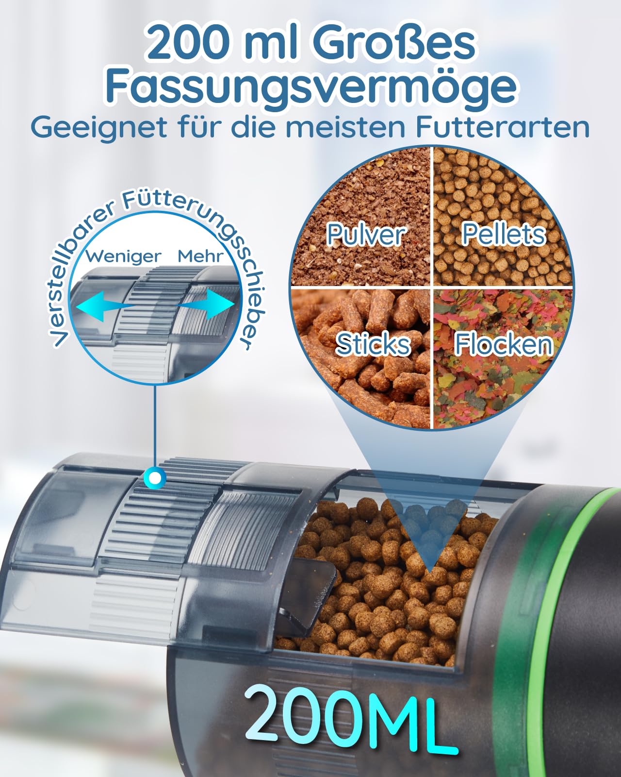 Papettly Futterautomat Aquarium, Automatischer Fischfutterautomat für Aquarium mit Batteriebetrieben, Fische Fischfutterspender 200ml, 2 AAA-Batterien im Lieferumfang enthalten, Fischfutterschwimmring