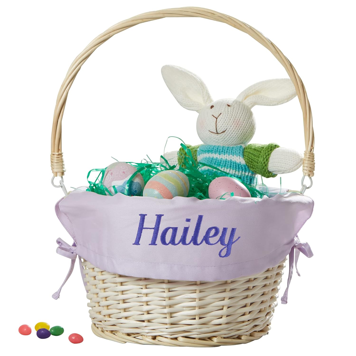 Personalization Universe Personalized Classic Easter Basket – Embroidered Light Blue Basket Liner – Custom Kids Easter Gift – Hand-Woven Basket with Folding Handle