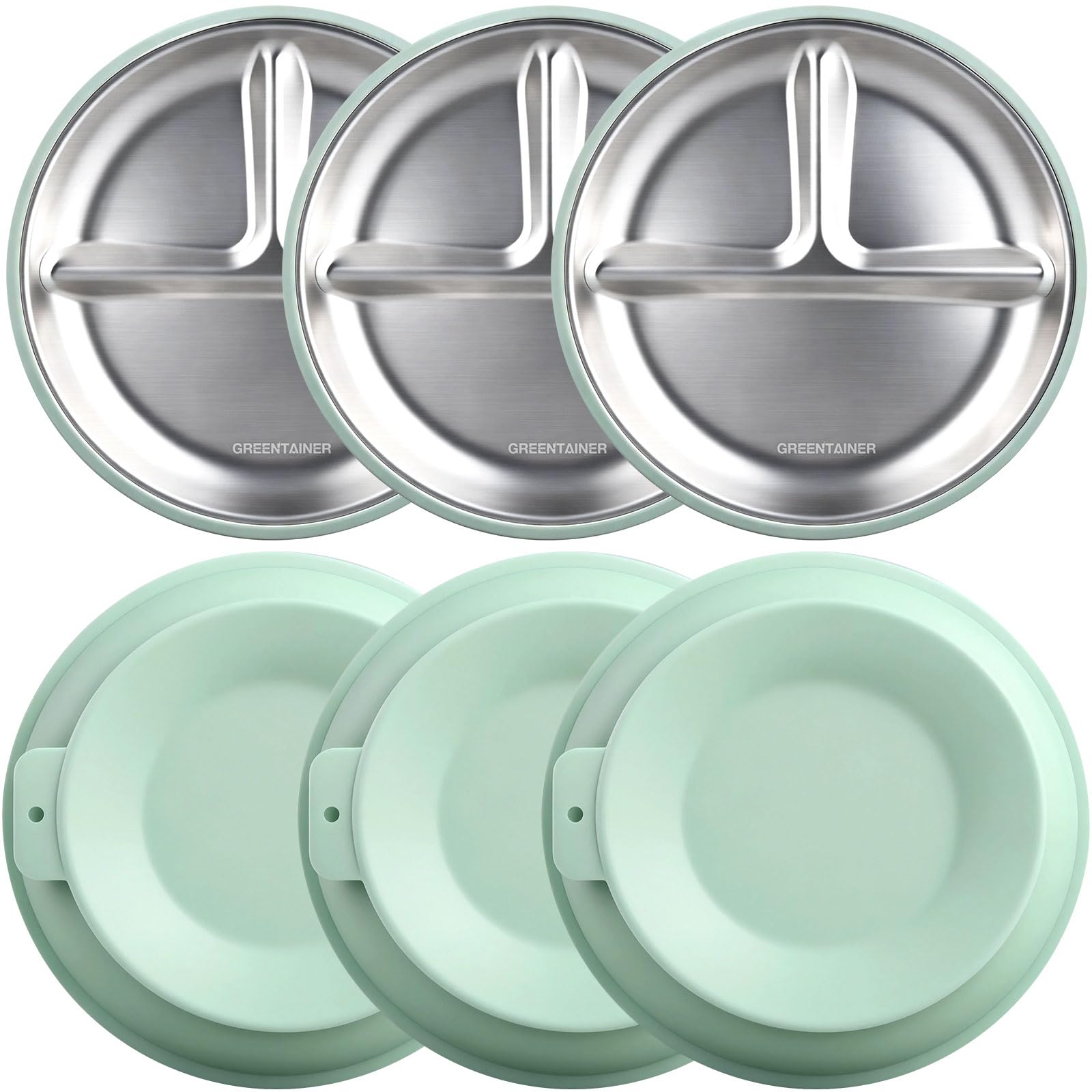 Greentainer Edelstahl Baby Teller mit Saugnapf, 3 Stück Silikon Kinderteller mit 3 Saugnäpfen, Edelstahl Teller Baby, BPA-frei, Rutschfeste, Abnehmbare Silikonhülle, Babyteller, Kinderteller