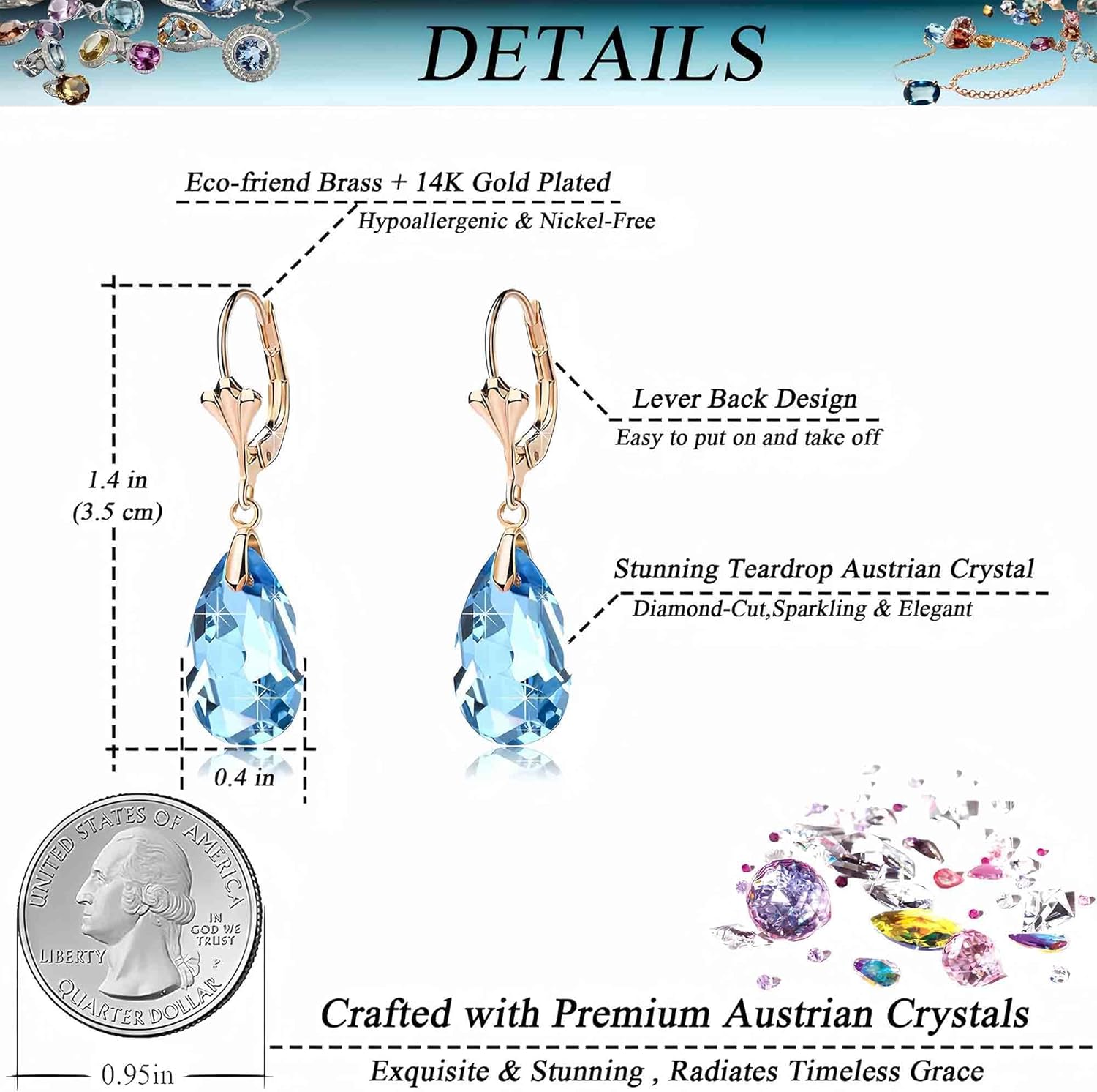 Austrian Crystal Teardrop Leverback Dangle Earrings for Women Fashion 14K Gold Plated Hypoallergenic Jewelry - Image 4