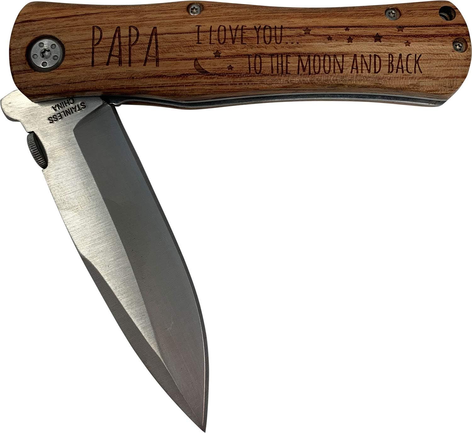 Papa - I Love You to The Moon and Back Stainless Steel Folding Pocket Knife with Clip, Wood