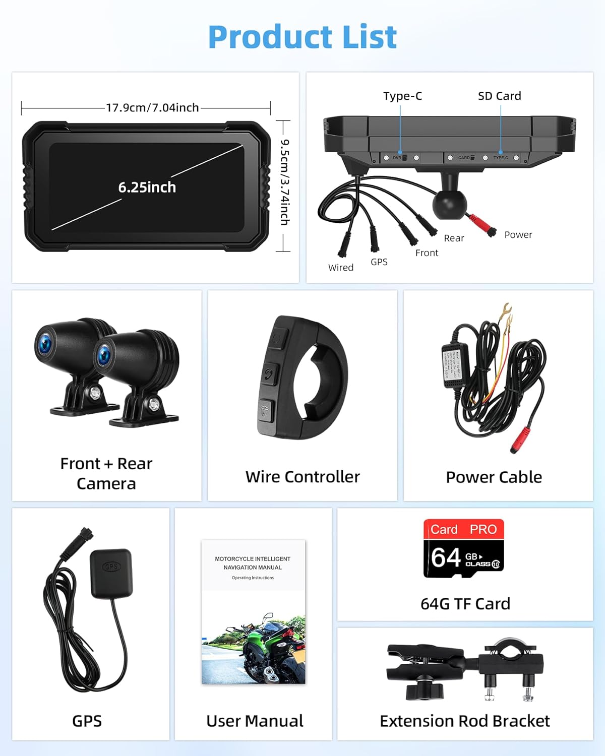 Contents of the Jelkuz 4K Motorcycle CarPlay Dash Cam package, including the main screen, front and rear cameras, wired controller, GPS module, power cable, 64GB SD card, and mounting bracket.