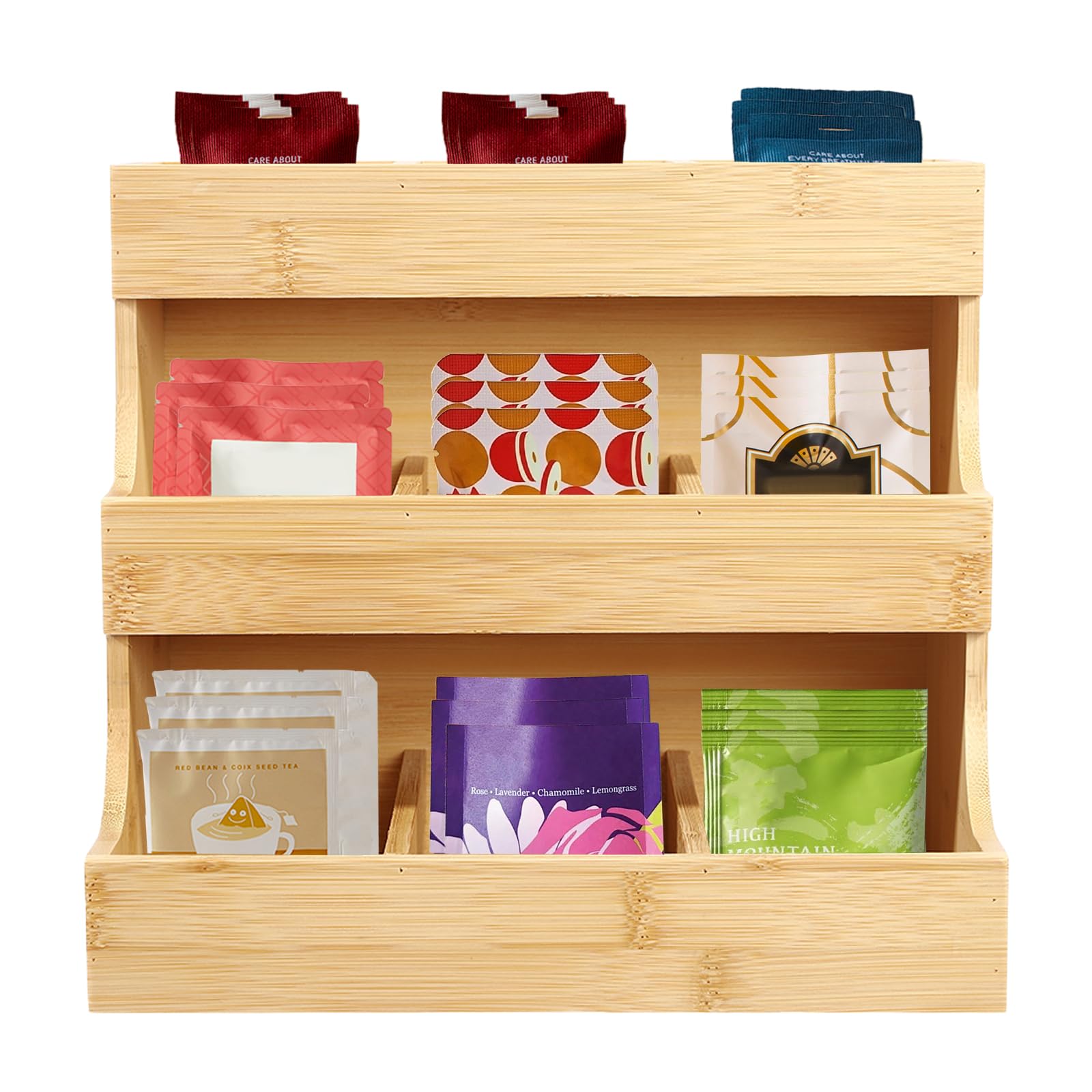 Caja de té de bambú natural con 9 compartimentos, organizador de bolsas de té, 3 niveles, forma trapezoidal, para hogares, oficinas