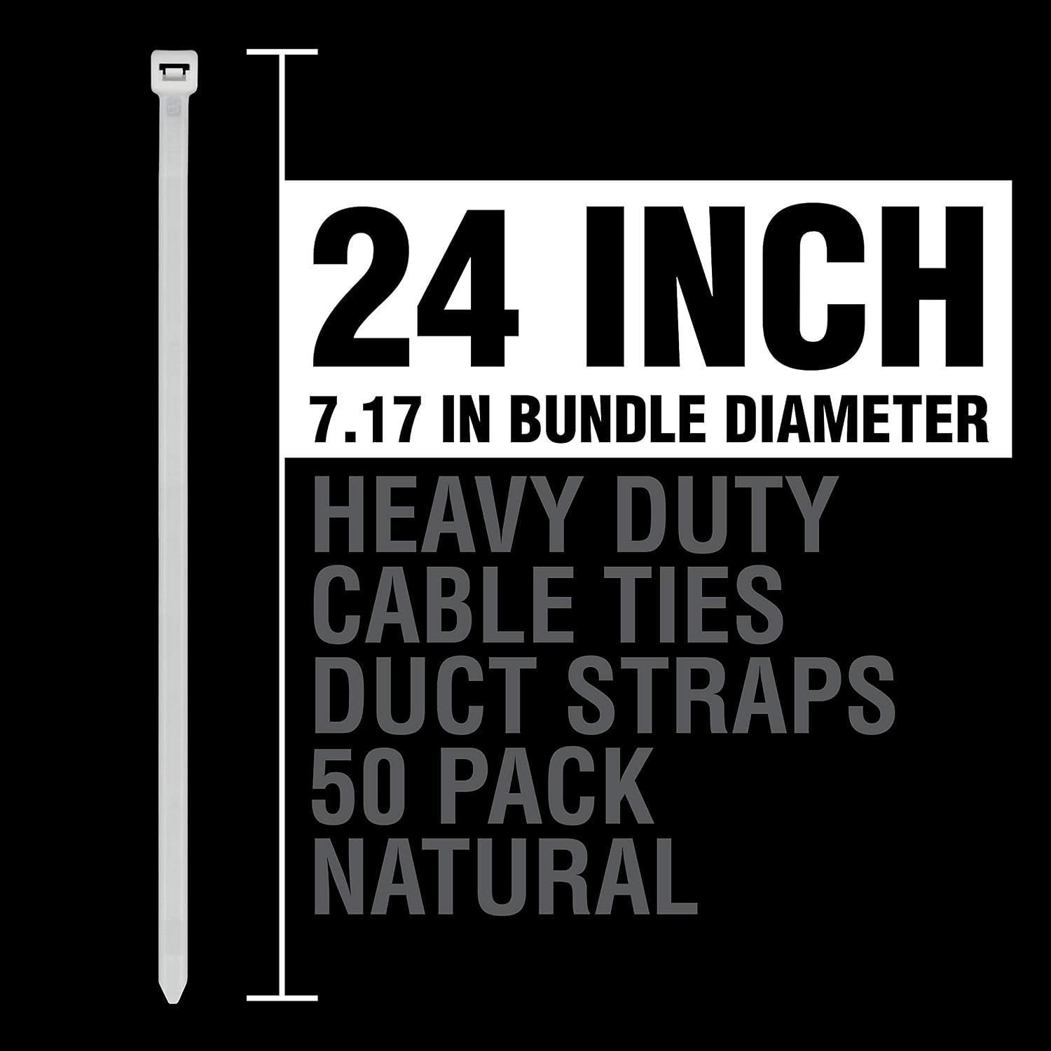 Cambridge Plenum Rated HVAC Nylon 6/6 UL Listed Cable Ties 24-in 175 Lb Tensile Strength Heavy Duty Self Locking Natural Duct Straps, 50 Pack, Contractor Quality and Strength