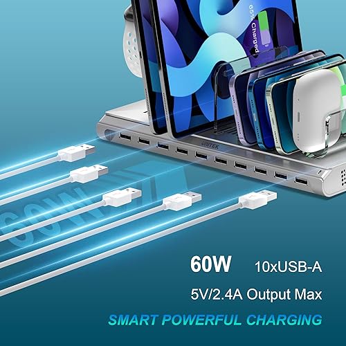 Miniatura 2 de Unitek Estación de carga multiiPad Estación de carga USB de 10 puertos para múltiples dispositivos, base de carga rápida para iPhone, iPad,