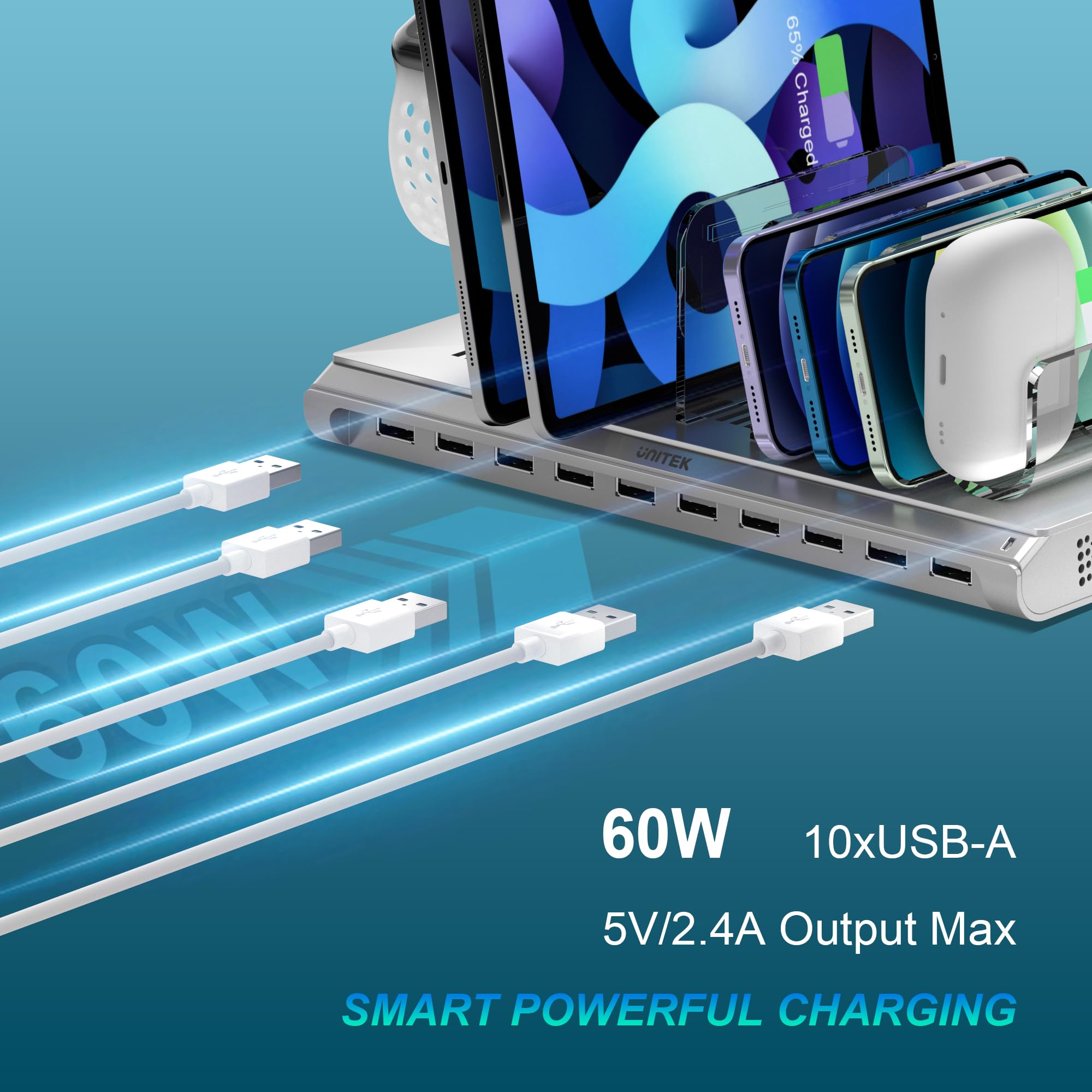 Unitek Multi iPad Charging Station - 10 Port USB Charging Station for Multiple Devices, Fast Charging Dock Cell Phone Organizer for iPhone, iPad, Android, Tablets - Silver