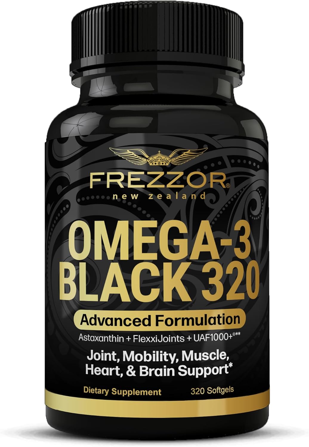 FREZZOR Omega 3 Black - Green Lipped Mussel Oil Capsules, Made in New Zealand, UAF1000+, Joint Care & Relief, Heart & Immune Support, No Fishy Aftertaste, 320 Count (Pack of 1)