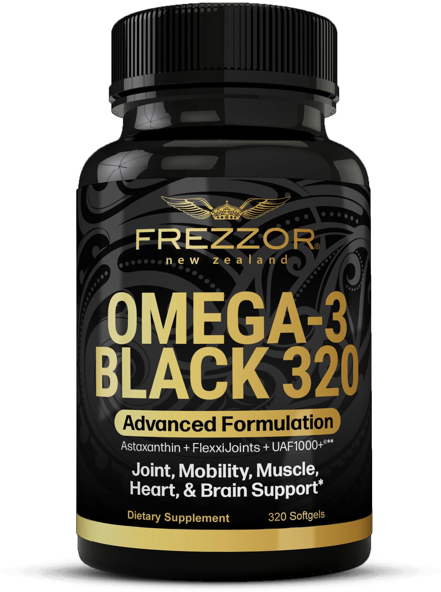 FREZZOR Omega 3 Black - Green Lipped Mussel Oil Capsules, Made in New Zealand, UAF1000+, Joint Care & Relief, Heart & Immune Support, No Fishy Aftertaste, 320 Count (Pack of 1)