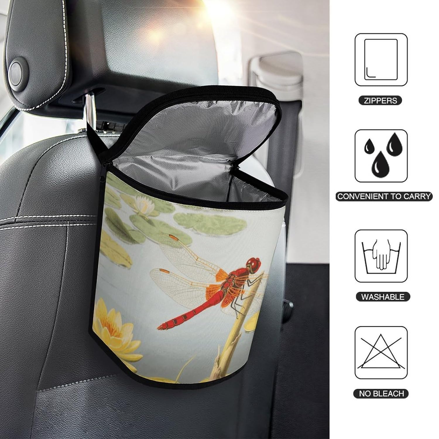 MUSM Leakproof Car Trash Can 2.5 Gallon, Durable Automotive Garbage Bag with Waterproof Liner, Dragonflies Trash Bag for Car, Truck, RV & Bathroom