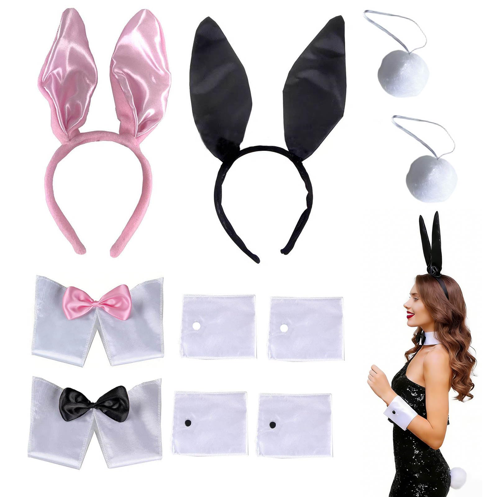Disfraz de Conejita Playboy Sexy para Mujer con Accesorios, Orejas, Lazo, Puños y Cola de Conejo – Ideal para Fiestas, Cosplay y Halloween
