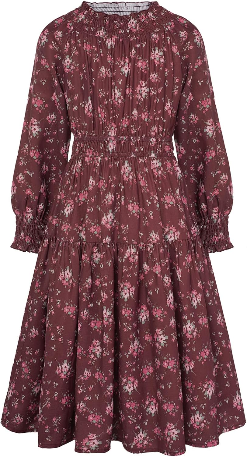 GRACE KARIN Girls Long Sleeve Fall Dress Floral High Waist Casual Midi Dresses with Pocket for 6-14 Years