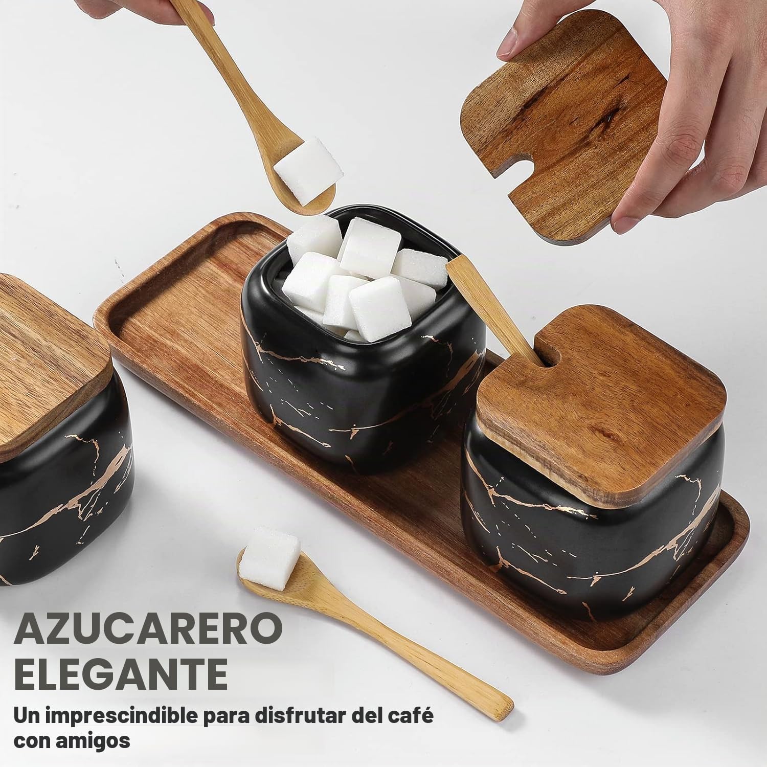 Juego de tarros especias, 3 unidades, azucarero cerámica con tapa y cuchara bambú para casa cocina, alternativa al especiero cocina mesa comedor, diseño mármol negro