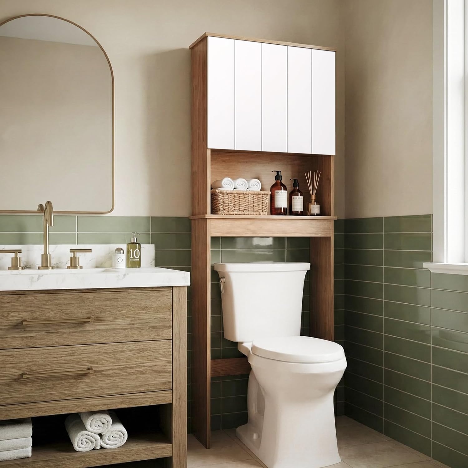 Over The Toilet Storage Cabinet, Above Toilet Organizer with 2 Irregular Doors, White and Natural Finish, 24x70 inch Space Saving Freestanding Bathroom Cabinet