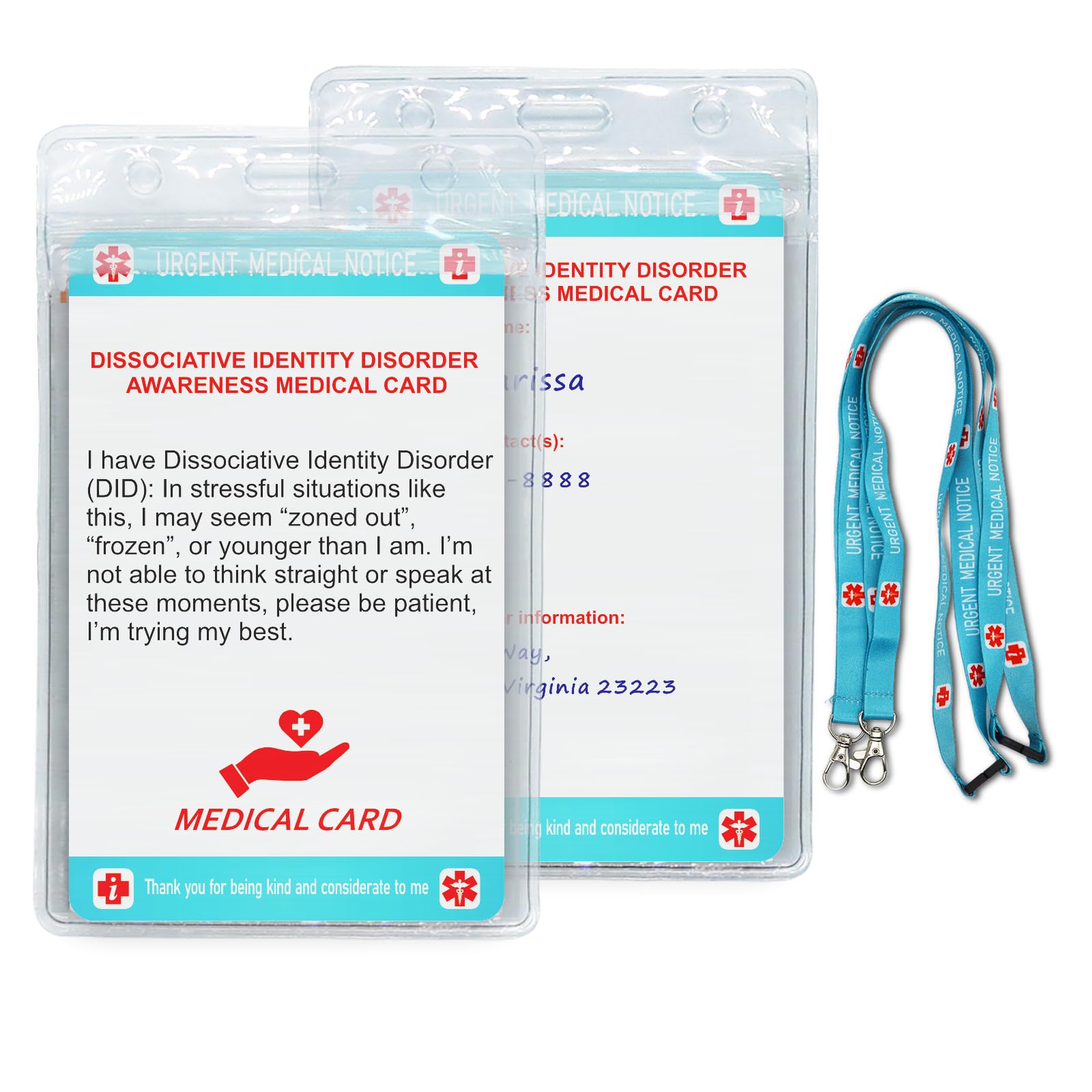 Dissociative Identity Disorder(DID) Medical Card with Writable Panel and Patterned Lanyard Emergency Contact Card
