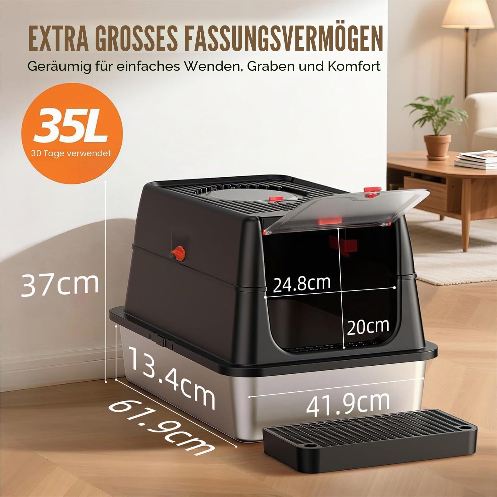 Edelstahl Katzenklo XXL aus V2A – 62 cm Geschlossene Katzentoilette mit 160° Klappdeckel, 3-in-1 Design für Stehpinkler & große Katzen, hoher Rand auslaufsicher, inkl. Schaufel und Trittstufe