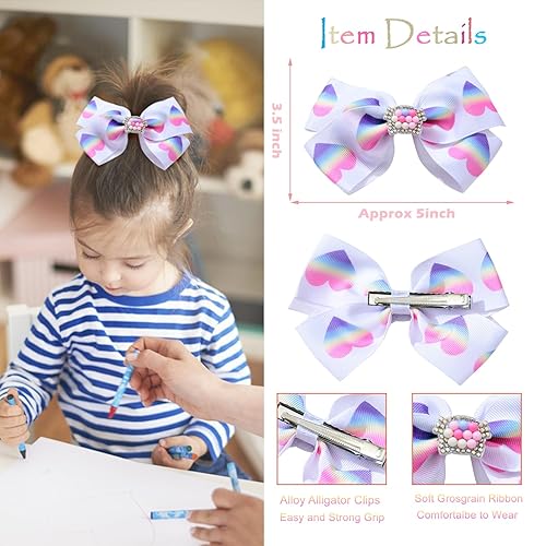 Miniatura 4 de Lazos para el pelo de 5 pulgadas para niñas, arcoíris colorido con pinzas de cocodrilo para niños pequeños, niños, 12 unidades