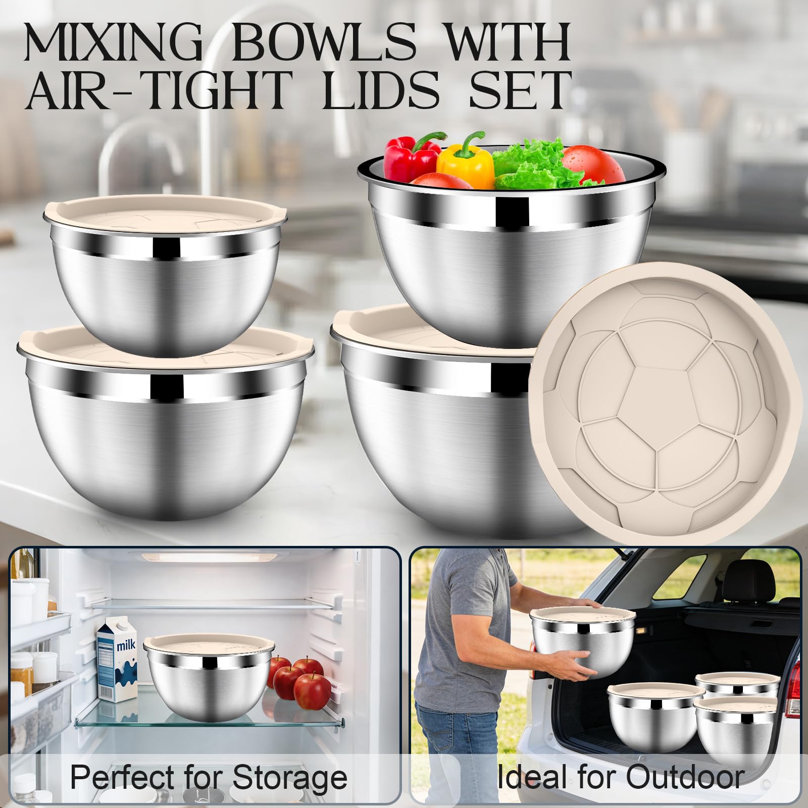 DUTZUN Juego de cuencos para mezclar con tapas, cuencos anidables de acero inoxidable con colador de 3.2 cuartos de galón, cuencos de cocina con colador, fondos antideslizantes, tamaño 4, 2.5, 2, 1.5