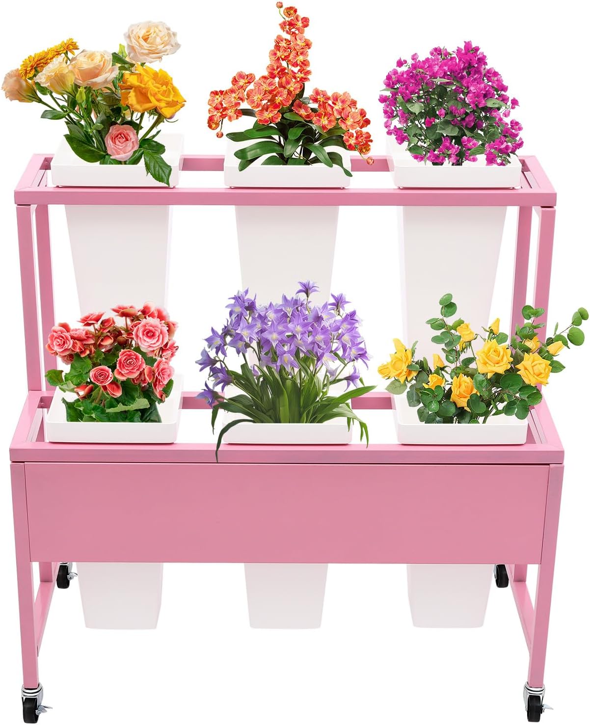 Flower Display Stand with 6Pcs Buckets, 2-Tier Metal Bouquet Holder Planter Shelf with Wheels, Rolling Plant Rack with Square Pots for Garden Outdoor Florist Patio (Pink)