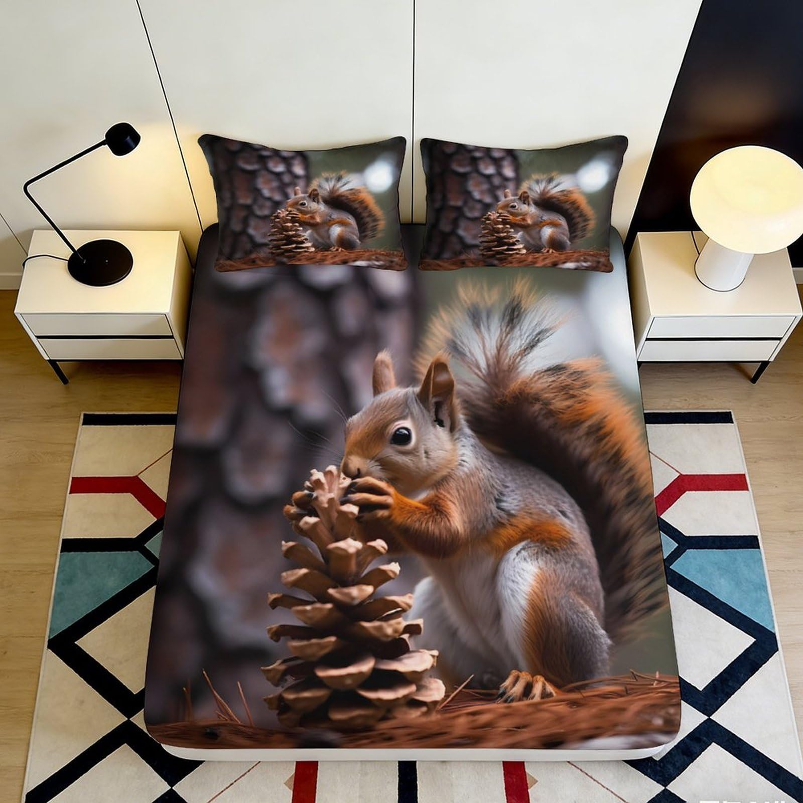 3D Printed Squirrel Pinecone Fitted Sheet Microfiber Soft Anti-Slip Bed Cover for Bedroom Guest Room Decor 90x200x25cm