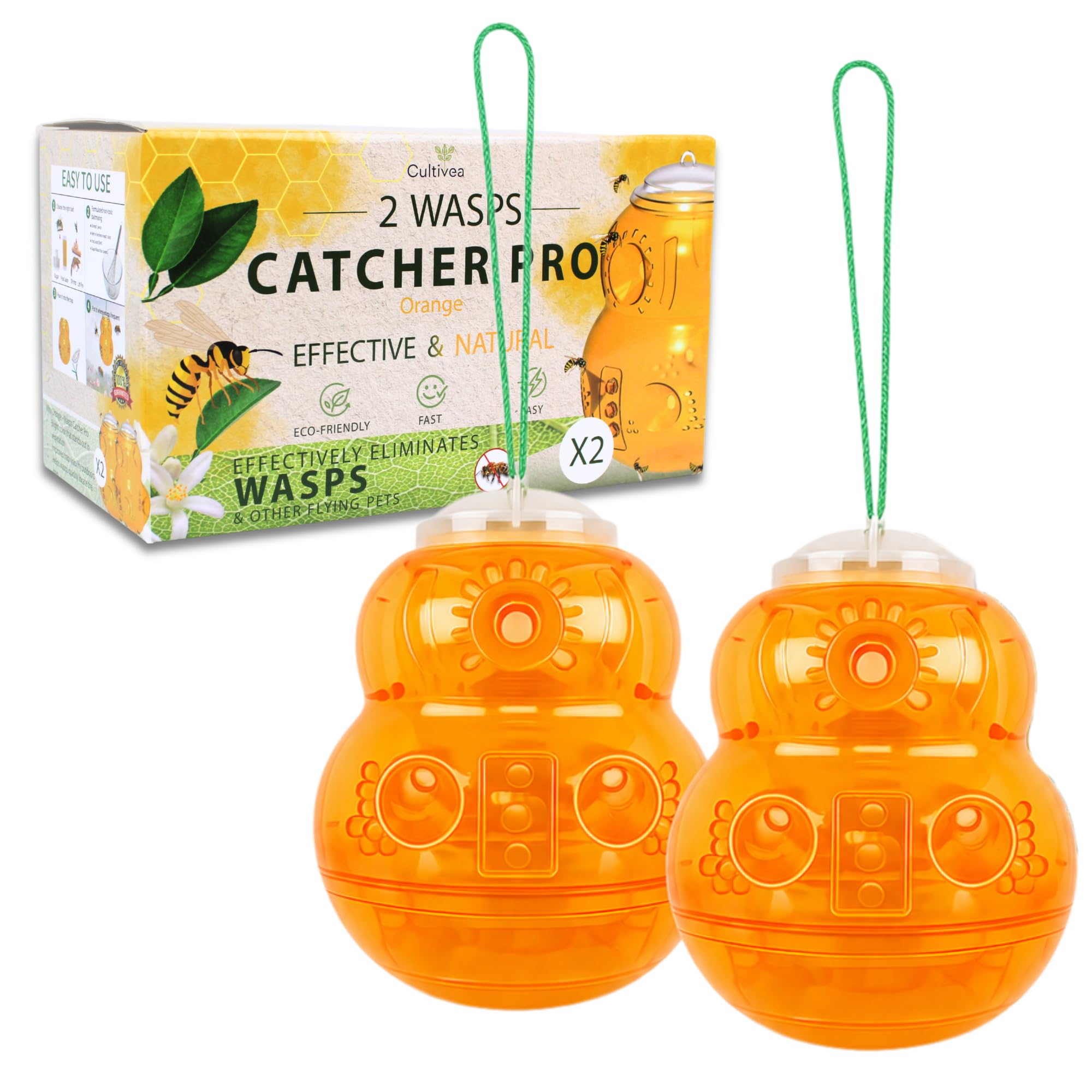Cultivea 2 Pack Wasp Trap Outdoor Hanging – Reusable Wasp & Asian Hornet Traps with Natural Bait – Garden Wasp Catcher – Weatherproof Wasp Killer Trap for Outdoor Use
